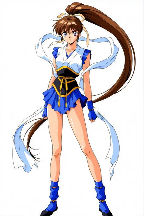 Amatsu_Ai, 1girl, solo, brown hair, ponytail, very long hair, ribbon, hair ribbon, hair bow, breasts, blue eyes, bangs, purple eyes, high ponytail, 1990s \(style\), anime coloring, slim, skinny, slender face, slender face, 
hagoromo, blue gloves, fingerles...