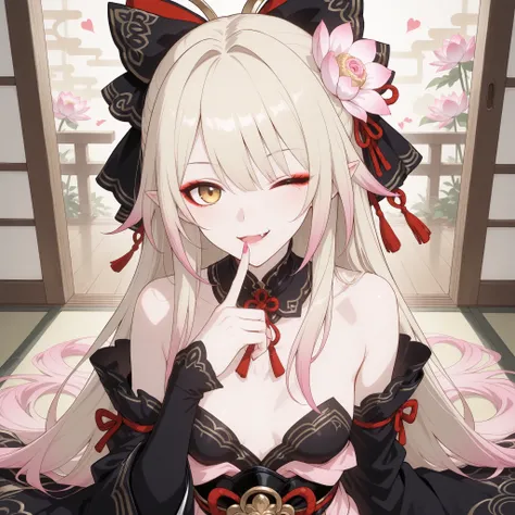 pale-blonde hair, Beautiful, Long Hair, (Rose gradient on hair), Golden Eyes black kimono, cheeky, hair ribbon, alluring, fang, cunning, sly , sexy expression, mature, eyeliner, pale hair,detached sleeves kimono, flowy hair, japanese house background, che...
