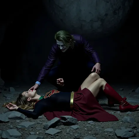 Supergirl is lying flat, can see whole body, a green lighting collar on her neck, She is wearing a thin black pantyhose, very short red skirt, flipped up skirt, red knee height long boots, blonde hair, unconsciousness, eyes close, painful face, screaming i...