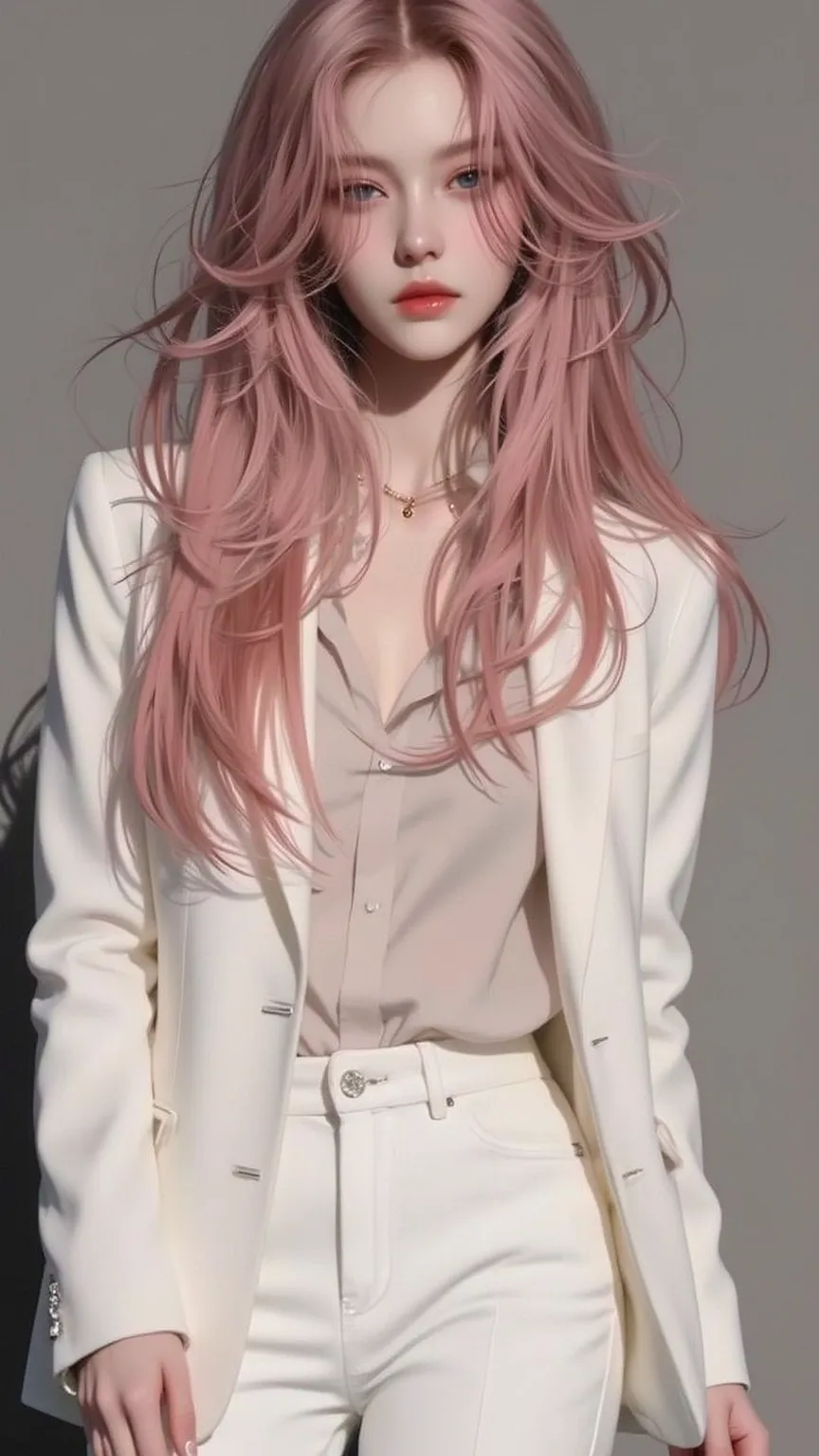 {{Reality}},{{sketch}}, {{painting}},Long hair, gradient hair color ,{{best quality}, {{masterpiece}}, {high resolution}, original,  Extremely detailed  wallpaper, {Extremely Exquisite Beauty},1girl,An adult lady , Extremely detailed ,Pink Hair ,Messy Hair,Handsome,{White business suit},{tie},{White Trousers}, dramatic angle ,{Magazine},depth of field,,