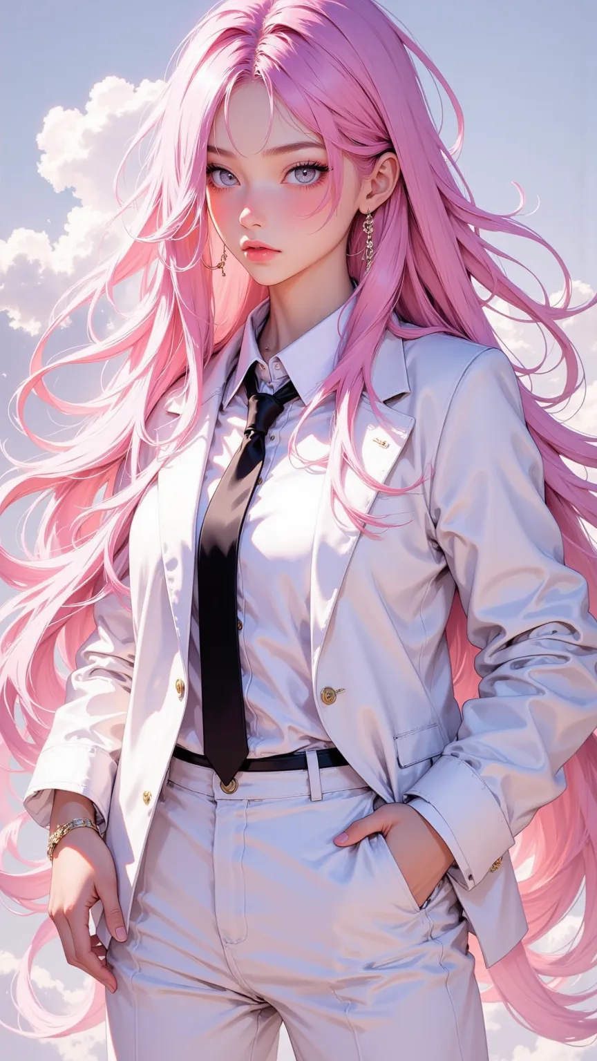  {{Reality}},{{sketch}}, {{painting}},Long hair, gradient hair color ,{{best quality}, {{masterpiece}}, {high resolution}, original,  Extremely detailed  wallpaper, {Extremely Exquisite Beauty},1girl,An adult lady , Extremely detailed ,Pink Hair ,Messy Hair,Handsome,{White business suit},{tie},{White Trousers}, dramatic angle ,{Magazine},depth of field,,