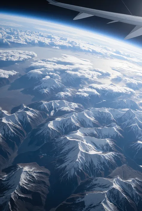 earth view from outer space, photo inspired in nasa photos taken previously, mountains can be seen, and the many layers of the earth such as the division of the atmosfere with space. Cloudy sky, snowy mountains, day time. 