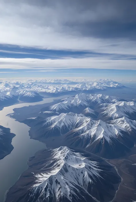 earth view from outer space, photo inspired in nasa photos taken previously, mountains can be seen, and the many layers of the earth such as the division of the atmosfere with space. Cloudy sky, snowy mountains, day time. 