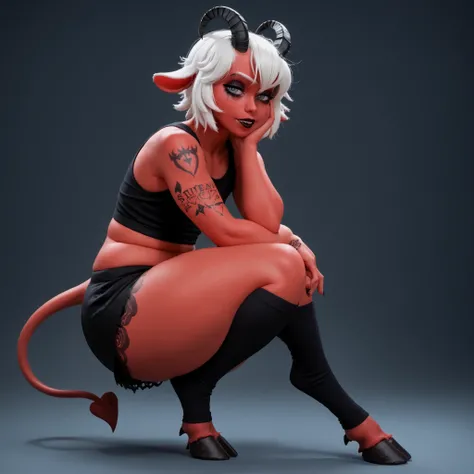 Femboy, wide hips, black lace skirt, tank top with stanic writing on it, thick thighs, goth makeup, white hair, gray eyes, satanic tattoos, black goat horns on head, black demon tail, goat hooves for feet, red skin, emotionless.