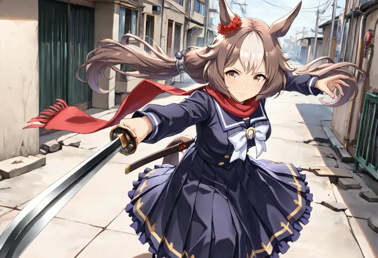 (masterpiece, best quality, perfect face:1.4), wide angle, yamanin zephyr \(umamusume\), 1girl, horse ears, red ear ornament, silver hair ornament, horse tail, tail on the lower back, proportional body, proportional, beautiful hair, beautiful face, beautif...