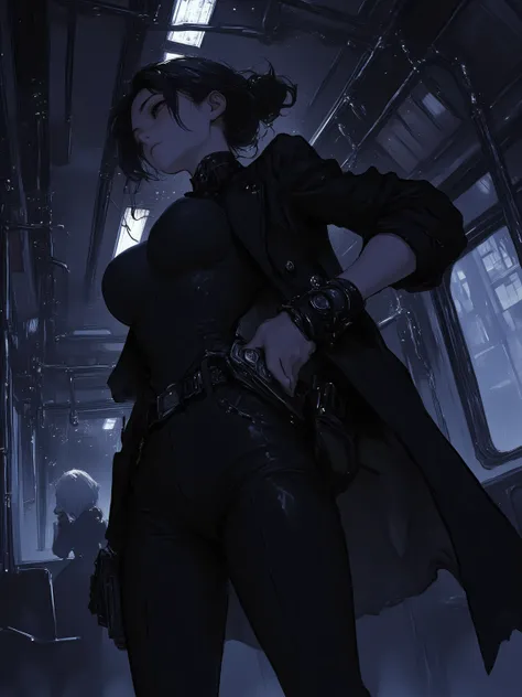 A female agent with tied black hair and a lean, sharp build is shown from the waist up, still positioned to the left of the frame. She wears a sleek black suit and a black semi-long coat that moves slightly as she shifts her stance. Her expression is focus...