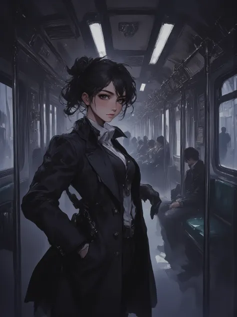 A female agent with tied black hair is shown from the waist up, positioned slightly to the left side of the frame. She is facing the viewer with a tense, focused expression, as if reacting to a sudden threat. She wears a black suit and coat, subtly reachin...
