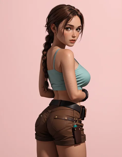 Highly detailed and stylized digital illustration of the athletic and beautiful adventurer Lara Croft, making a sexy pose with a flirty expression, wearing a teal (u-neckline) crop top, brown tactical shorts, black thigh holsters, black fingerless gloves a...