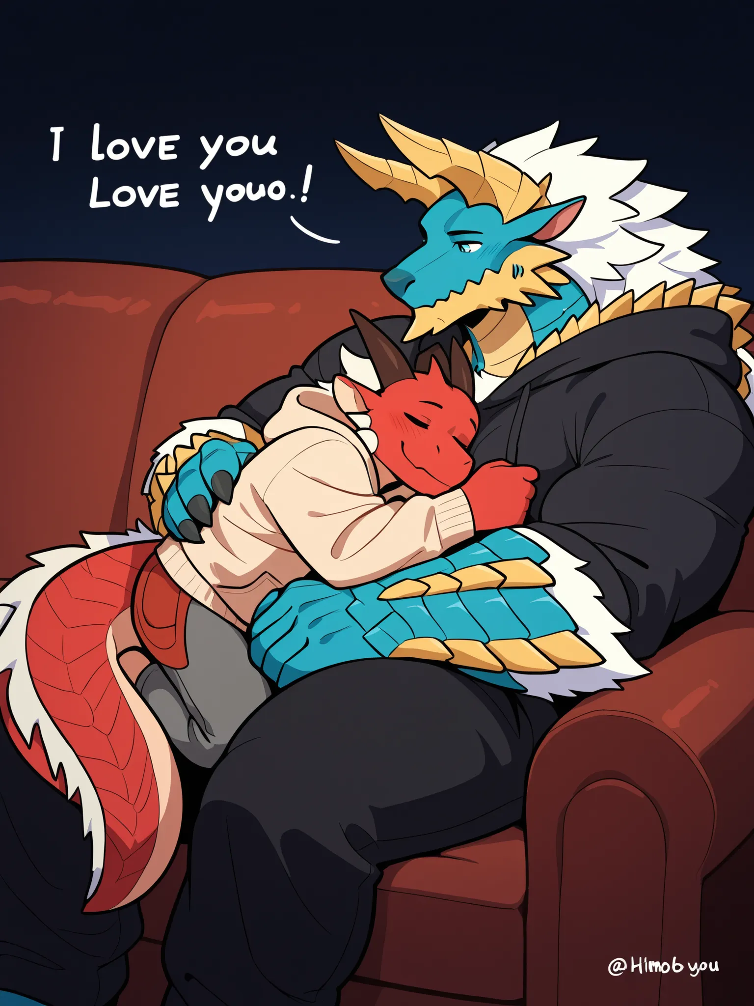 dragon furry, Zinogre, Red Dragon, muscular, dragon scales, beige chest, 2duo, cuddling, curled up next to one another, Himbo, movie night, sitting on couch, clothed with baggy hoodie, I love you, gay, same size