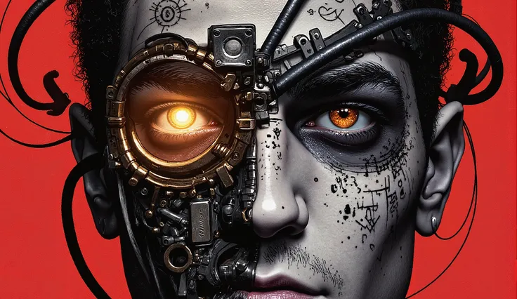 Create a close-up of a futuristic cybernetic human face. The face is divided into two distinct halves: one side is metallic and robotic, featuring intricate gears, wires, and mechanical parts, while the other half is organic yet heavily tattooed with detai...