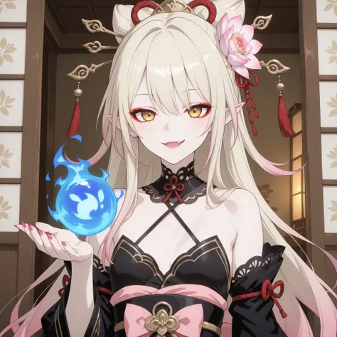 pale-blonde hair, Beautiful, Long Hair, (Rose gradient on hair), Golden Eyes black kimono, cheeky, hair ribbon, alluring, fang, cunning, sly , sexy expression, mature, eyeliner, pale hair,detached sleeves kimono, flowy hair, japanese house background, che...