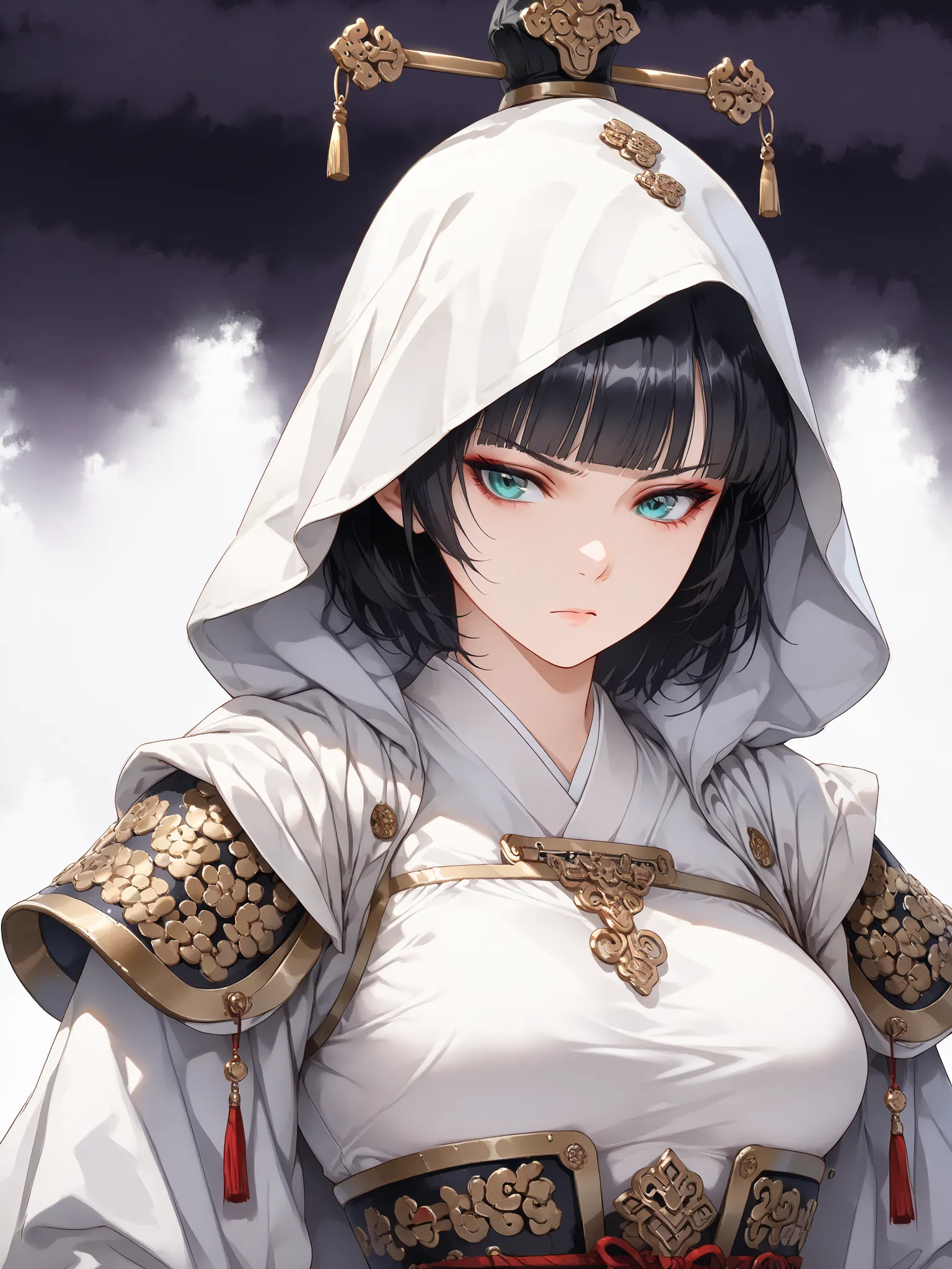 ((white clothing)), ((black hair)), ((blunt bangs)), ((medium breasts)), ((white hood over head)),  ((serious expression)), ((chinese armor)), ((chinese warrior)), ((fair skin)), ((mature female)), ((midnight background)), 1girl, beautifully drawn, high re...