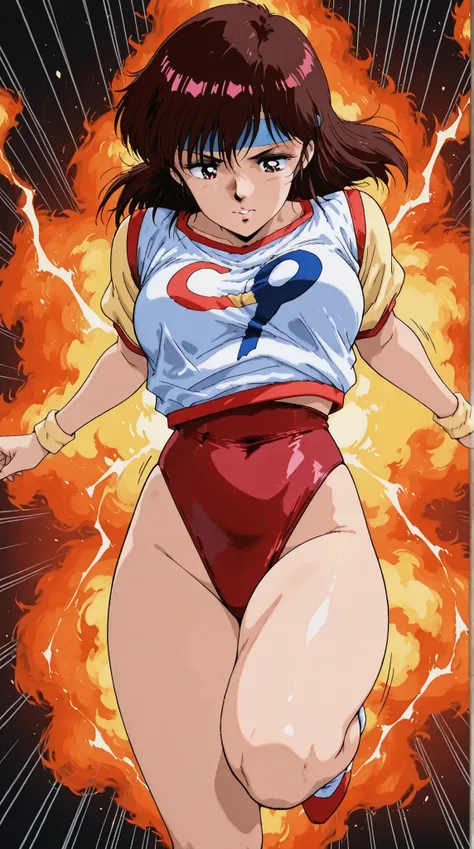 score_9, score_8_up, score_7_up, masterpiece, source_anime,1girl, (Takaya Noriko,dark brown medium hair,blue head band,red and white colored leotard,curvy ,age up,look down,30 years old),in a dynamic motion,(motion effect:1.1 ), ( jumping high , emphasis l...
