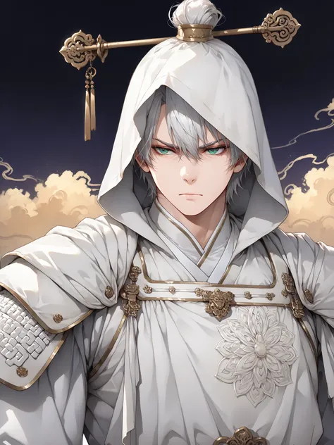 ((white clothing)), ((white hair)), ((wild hairstyle)), ((muscular build)), ((white hood over head)),  ((serious expression)), ((chinese armor)), ((chinese warrior)), ((fair skin)), ((mature male)), ((midnight background)), 1boy, beautifully drawn, high re...
