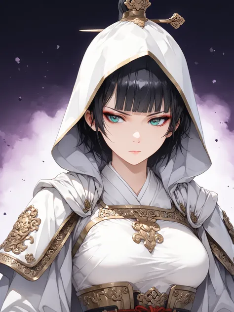 ((white clothing)), ((black hair)), ((blunt bangs)), ((medium breasts)), ((white hood over head)),  ((serious expression)), ((chinese armor)), ((chinese warrior)), ((fair skin)), ((mature female)), ((midnight background)), 1girl, beautifully drawn, high re...