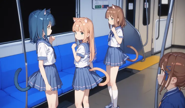
high image quality、High Quality、8ｋ、4ｋ、Young girl、Juvenile body、Baby Face、、 immature body、Inside a running train、 cat tail、3 middle school students chatting、high school students with strange expressions