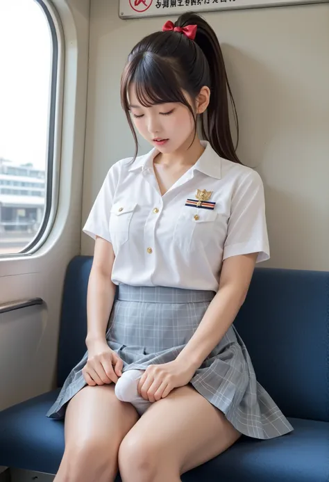 score_9, score_8_up, score_7_up, super detailed, 32K, masterpiece, Highest Quality, super high definition ,nsfw, official art, Photorealistic, 1 Classy Japanese Woman, ((ponytail)), black hair,  Small face, natural makeup, ((((cute face:1.5))), small breas...