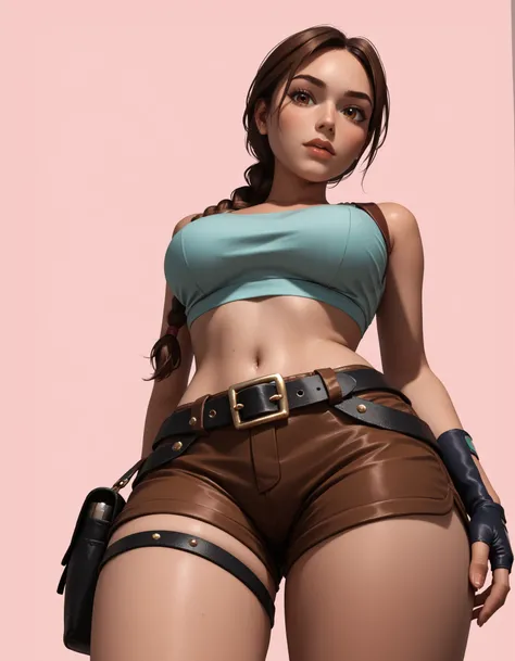 Highly detailed and stylized digital illustration of the athletic and beautiful adventurer Lara Croft, making a sexy pose with a flirty expression, wearing a teal (u-neckline) crop top, brown tactical shorts, black thigh holsters, black fingerless gloves a...
