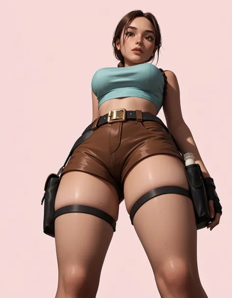 Highly detailed and stylized digital illustration of the athletic and beautiful adventurer Lara Croft, making a sexy pose with a flirty expression, wearing a teal (u-neckline) crop top, brown tactical shorts, (black thigh holsters), black fingerless gloves...