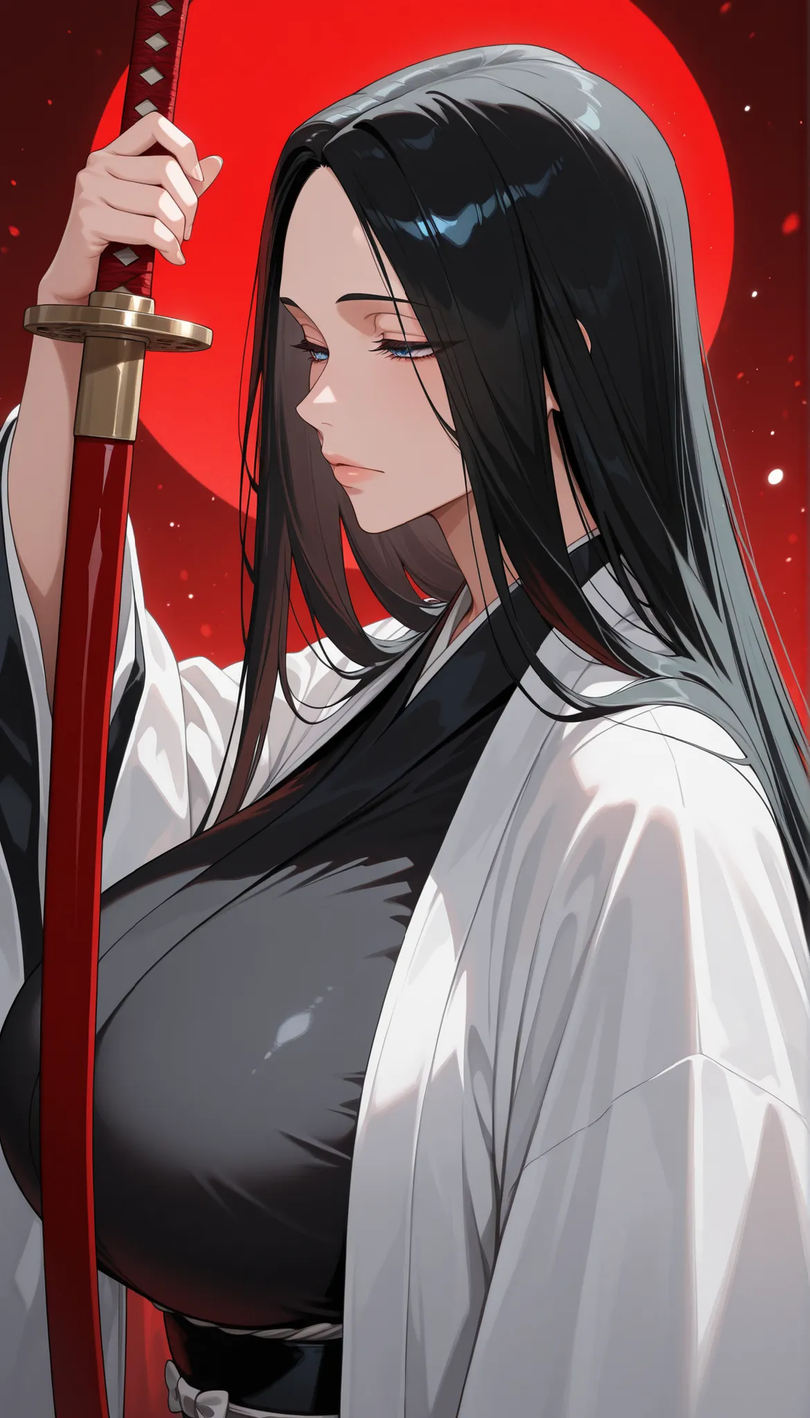 masterpiece, best quality, newest, 1girl,  from side, upper body, close-up, 
 unohana_tybw, blue eyes, black hair, very long hair, straight hair, forehead, black kimono, haori, long sleeves, wide sleeves, expressionless, narrowed eyes, 
Huge breasts, lips,...