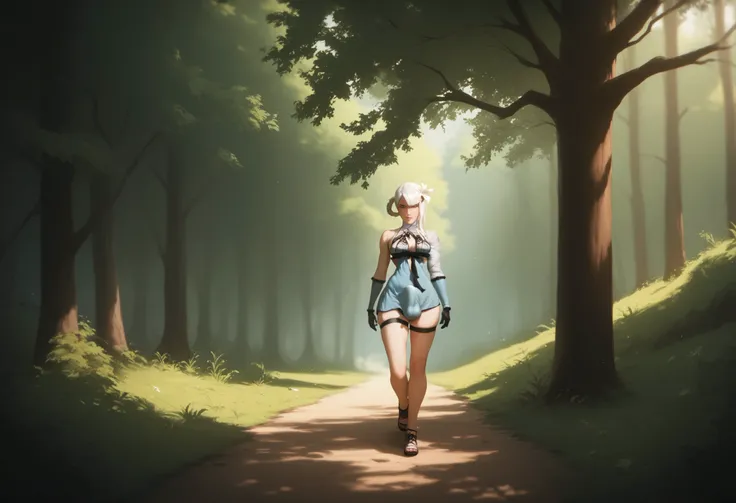 kaine_(nier), very detailed, relaxing under a tree, peaceful, walking in a forest, leaves falling, atmospheric, masterpiece, dickgirl, penis under clothing, futanari, crotch bulge