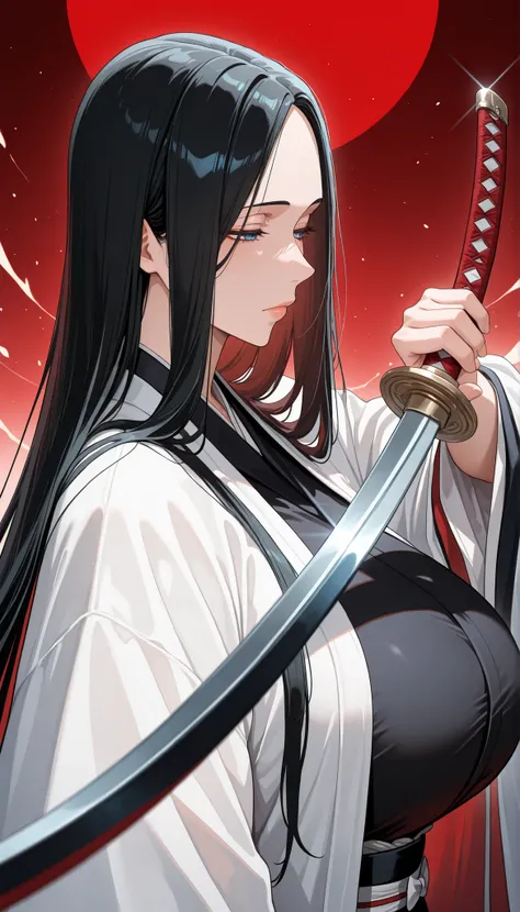 masterpiece, best quality, newest, 1girl,  from side, upper body, close-up, 
 unohana_tybw, blue eyes, black hair, very long hair, straight hair, forehead, black kimono, haori, long sleeves, wide sleeves, expressionless, narrowed eyes, 
Huge breasts, lips,...