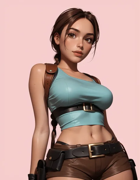 Highly detailed and stylized digital illustration of the athletic and beautiful adventurer Lara Croft, making a sexy pose with a flirty expression, wearing a teal (u-neckline) crop top, brown tactical shorts, (black thigh holsters), black fingerless gloves...