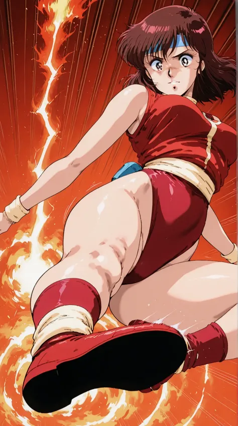 score_9, score_8_up, score_7_up, masterpiece, source_anime,1girl, (Takaya Noriko,dark brown medium hair,blue head band,red and white colored leotard,curvy ,age up,look down,30 years old),in a dynamic motion,(motion effect:1.1 ), ( jumping high , emphasis l...