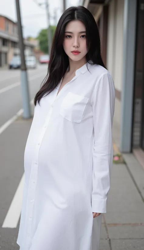 Natural light, masterpiece,extremist_realistic 4K, bright skin,photo of korean beautiful pregnant eye, The white linen dress, big ship, Full-term belly, full-term pregnancy,  pregnant giant ,beauty_Asian, 큰 shirt, 오버사이즈 shirt, wide hips, Huge Breasts, blac...