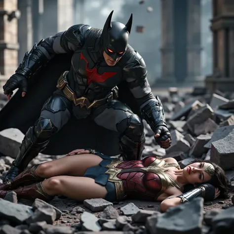 Wonder woman is laying down flat on the ruin, she is fighting with Batman and she is defeated, nervous, painful, eyes close, Batman is bending over her body, his eyes is red, red light on his eyes, whole body visible from head to feet, hyperrealism,