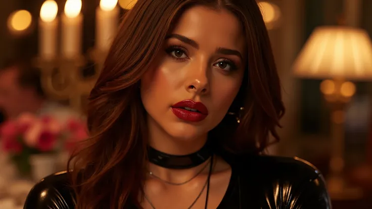 beautiful full body portrait, red lip gloss, latex catsuit, euphoria, brown hair, shiny lips, glossy lips, reflective lips, eye contact, on a dinner date