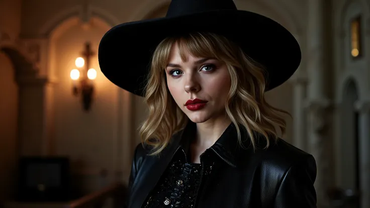 A waist-up portrait of Taylor Swift as a witch posing inside a gothic mansion. Taylor is dressed in a dark-colored gothic witch outfit that incorporates some bits of leather and lace. Taylor has lovely makeup on her face. Taylor wears red lipstick. Nightti...