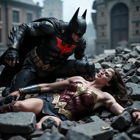 Wonder woman is laying down flat on the ruin, she is fighting with Batman and she is defeated, nervous, painful, eyes close, Batman is bending over her body, his eyes is red, red light on his eyes, whole body visible from head to feet, hyperrealism,