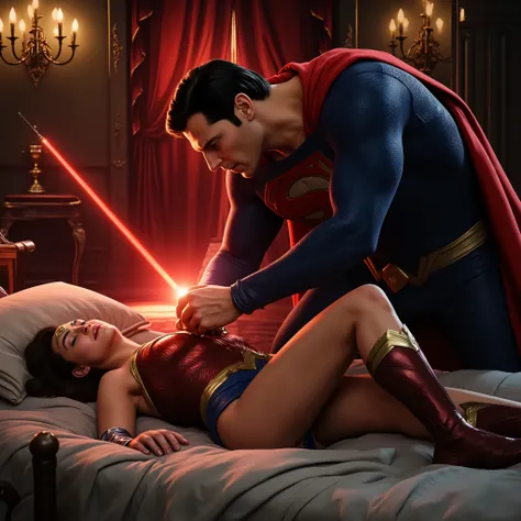 Wonder woman is laying down flat on the bed in the room of Amazon castle, she is sleeping and attacked by Superman, she is unconsciousness, painful, eyes close, Superman is bending on her body from her leg, he touch her leg, red light from Superman's eyes,...