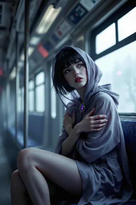 Portrait of young woman as Raven ( Titans), styled in aesthetic of Virginia Woolf, sitting in profile in empty subway car, hugging one of her legs to chest, surroundings misty with soft diffused light, wearing simple grey vintage short dress with loose fit...