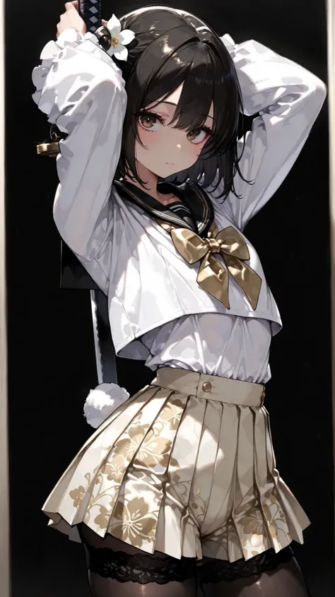 Shelley Gee, (masterpiece, Highest Quality, high resolution: 1.2), girl, alone, brown eyes in the bedroom,Black Sailor Suit、floral pleated shorts、 frill、lace fabric、black hair、Pantyhose、Women's funny faces、The sleeves are bordered with lace 、slightly s...