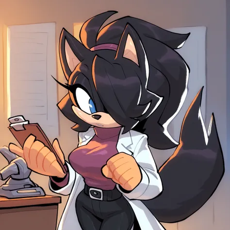 (Hair bang over one eye), long black hair, ponytail, long hair, black eyes, belt, Mobian Wolf, lab coat, pants, dark magenta shirt, turtleneck, 1girl, (light tan muzzle), (wolf), (fluffy ears), (wolf tail), bigdad/character, (Mobian), ((Black fur)), blue e...