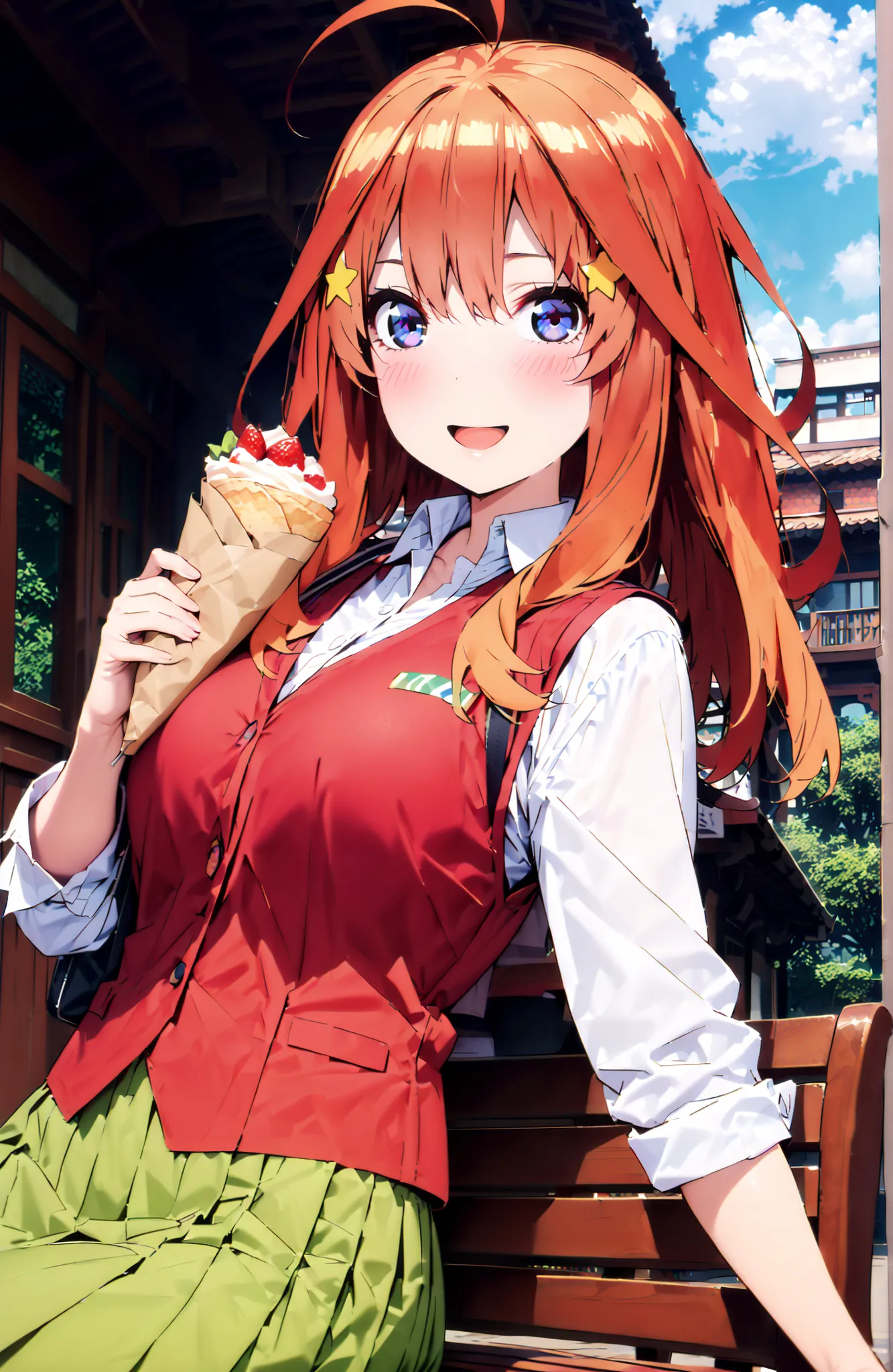 Nakano Mizuki , bungs, blue eyes,  o, stupid hair, red hair, star \(symbol\), yellow hair accessories, star ヘアアクセサリー,black rimmed glasses,smile,blush,open your mouth,Big Breasts,
in their 40s skirt, shirt, uniform, clavicle, white shirt, Short sleeve, gree...