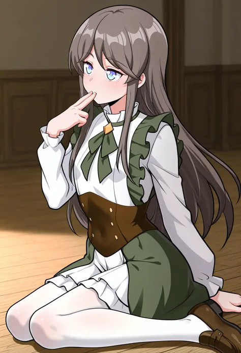BREAK masterpiece, best quality), amazing quality, absurdres, highres, newest, HDR, 8K, tilly_wimbledon, grey hair, long hair, blue eyes, two-tone dress, frills, long sleeves, brown corset, green neckerchief, loafers, white pantyhose, shisedupose, fingers ...