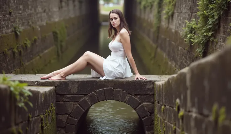 At the bottom of a canal, framed on each side by a high wall partially covered with moss, a small stone arch bridge stands at the height of the water. On the bridge stands a young woman sitting in profile, her legs stretched out in front of her, her bust t...