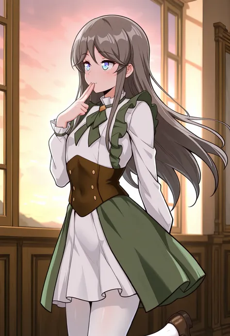 BREAK masterpiece, best quality), amazing quality, absurdres, highres, newest, HDR, 8K, tilly_wimbledon, grey hair, long hair, blue eyes, two-tone dress, frills, long sleeves, brown corset, green neckerchief, loafers, white pantyhose, shisedupose, fingers ...