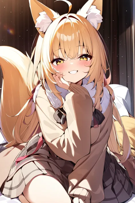 one girl, fox ears,fox tail,yellow long hair,cute,masterpiece,Highest Quality,best smiles,