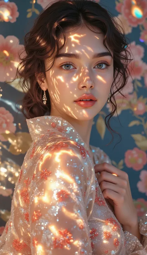 A graceful East-Asian woman wearing a dress with patterns inspired by traditional Japanese kimono motifs, featuring elegant floral designs and subtle textures. The dress retains its original blue and green color palette, but the patterns are transformed in...