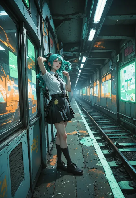 Underground subway tunnel environment, Hatsune Miku leaning against metal column under concrete arch, teal hair strands lifted by tunnel draft, tunnel wall lights streaking orange trails across speeding train windows, emergency exit green glow clashing wit...