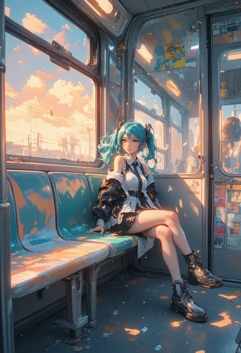 Modern subway carriage interior, Hatsune Miku sitting by frosted stainless steel window seat with teal twin-tails swaying in air currents, warm sunset beams filtering through gradient-tinted windows casting light patterns, glass partition doors reflecting ...