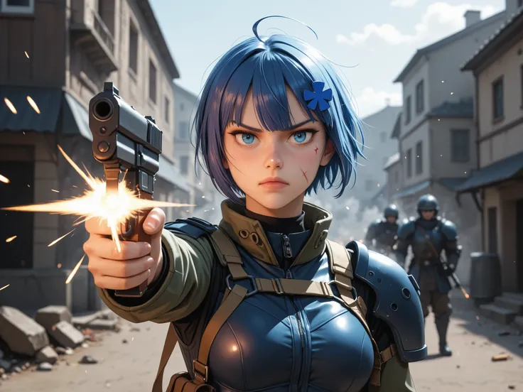 Beautiful girl on battle field     shooting      firing bullets     m416 gub       wearing reavling outfits       blue short hair    Blue eyes      angry      scars 