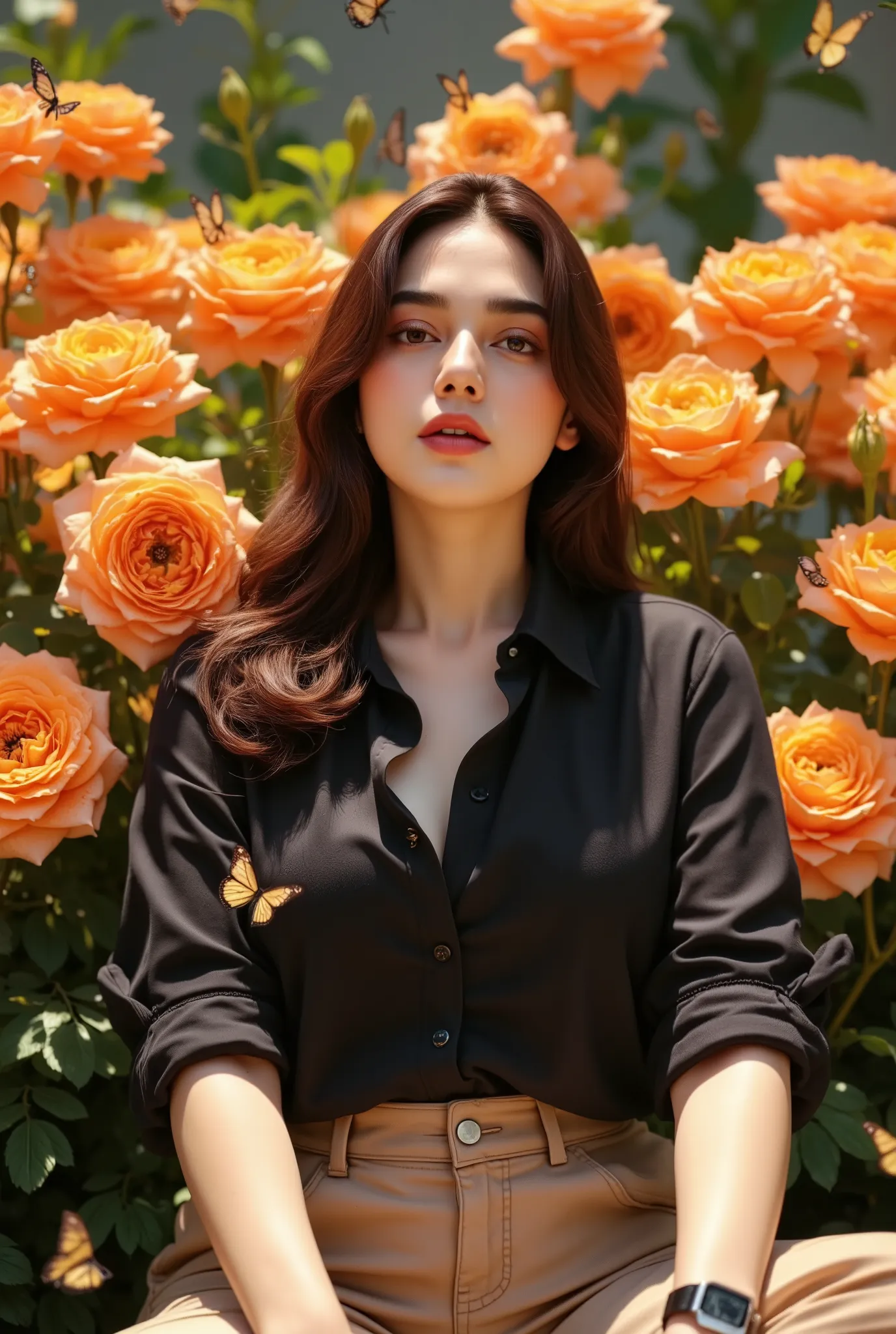 a beautiful korean plump muscle woman, fair skin ,smooth well-groomed face, eyes looking at the camera, smiled faintly, brown dark hair ,wearing a long black shirt rolled up to the elbows on plump muscle body, big breast, cleavage visible .Cool watch,brown...