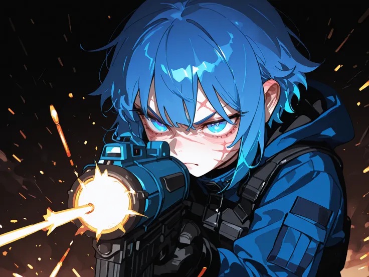 Beautiful girl on battle field     shooting      firing bullets     m416 gub       wearing reavling outfits       blue short hair    Blue eyes      angry      scars 