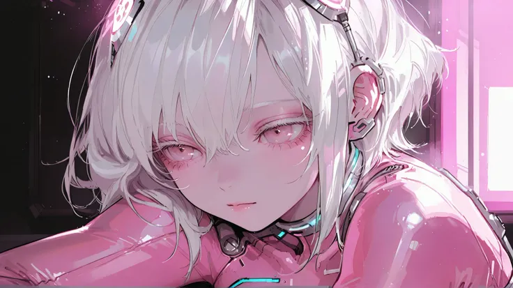 Masterpiece, top quality, good quality, average quality, super detailed, very beautiful, upper body, view here, cyber punk, soft lighting, fine hair, sensitive, one girl, solo, white hair, pale pink eyes, white lashes, pink bodysuit