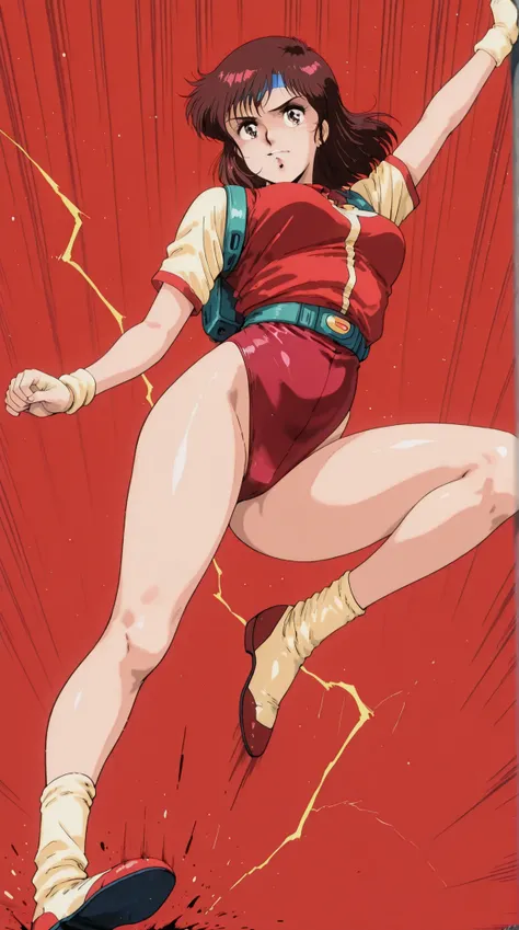 score_9, score_8_up, score_7_up, masterpiece, source_anime,1girl, (Takaya Noriko,dark brown medium hair,blue head band,red and white colored leotard,curvy ,age up,30 years old),in a dynamic motion,(motion effect:1.1 ), ( Crouch before jumping:1.3),motion l...